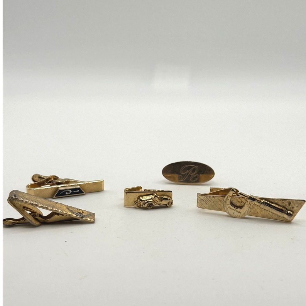 Vintage Mens Tie Clip Lot Swank Gold Tone Enamel Retro Car Initial R 5pc Set